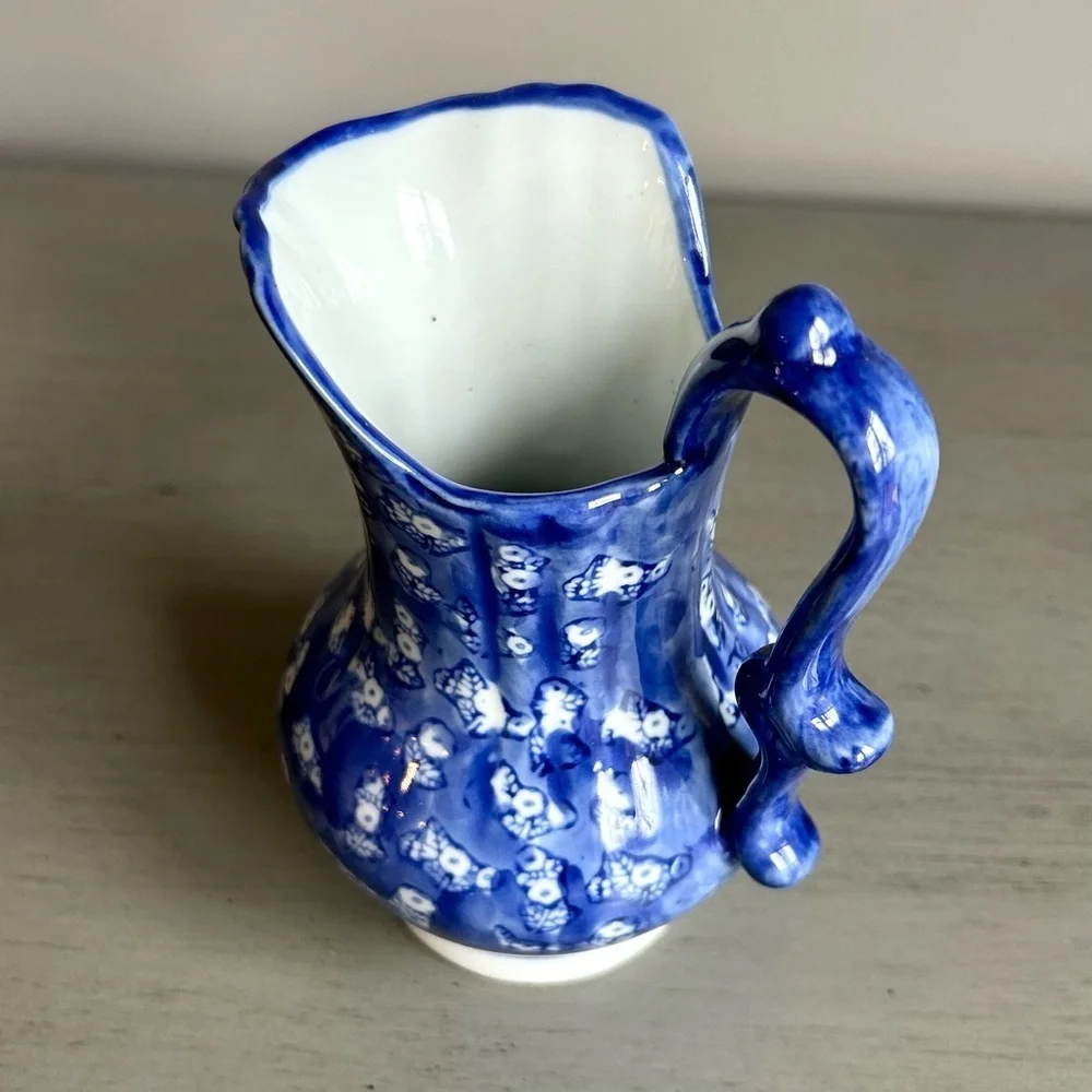 Water Pitcher and Basin Calico Blue White Flower Design Small 6 in Made in China